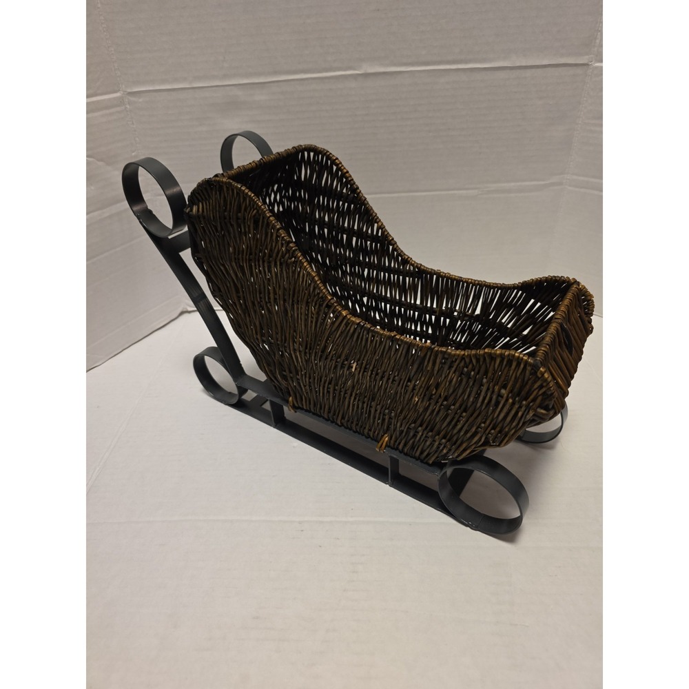 Vintage Christmas Sleigh Woven Wicker Basket Metal Runners Holiday Decor 13"